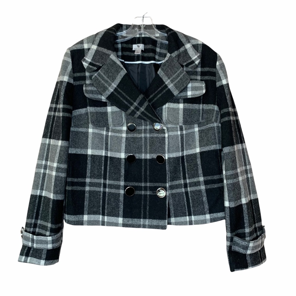 Women's Worthington Black and Gray Plaid Cropped Pea Coat Jacket Large